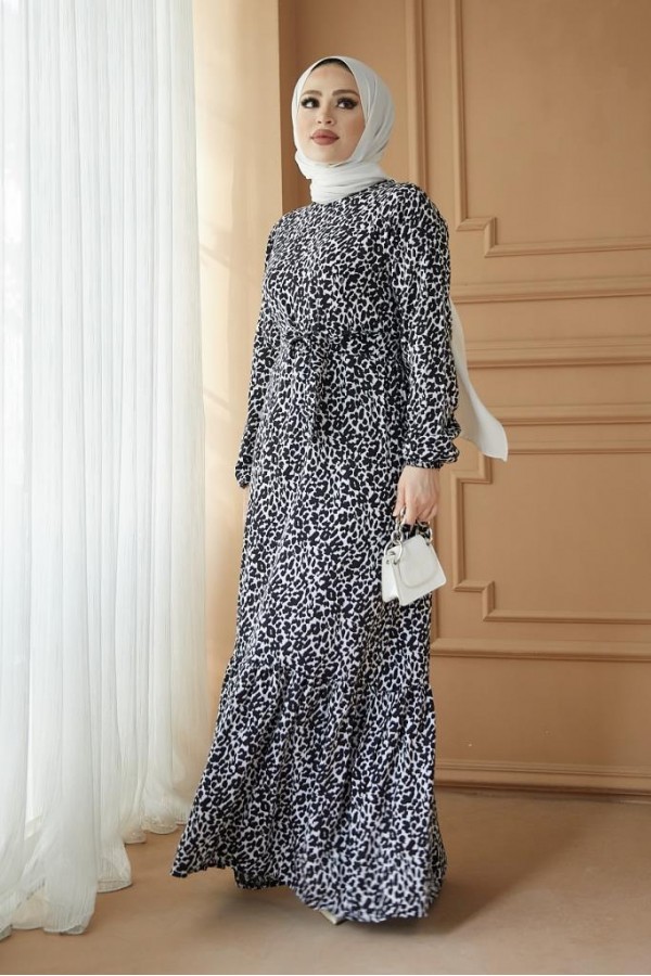  Desenli Tesettür Viskon Elbise Siyah 2392