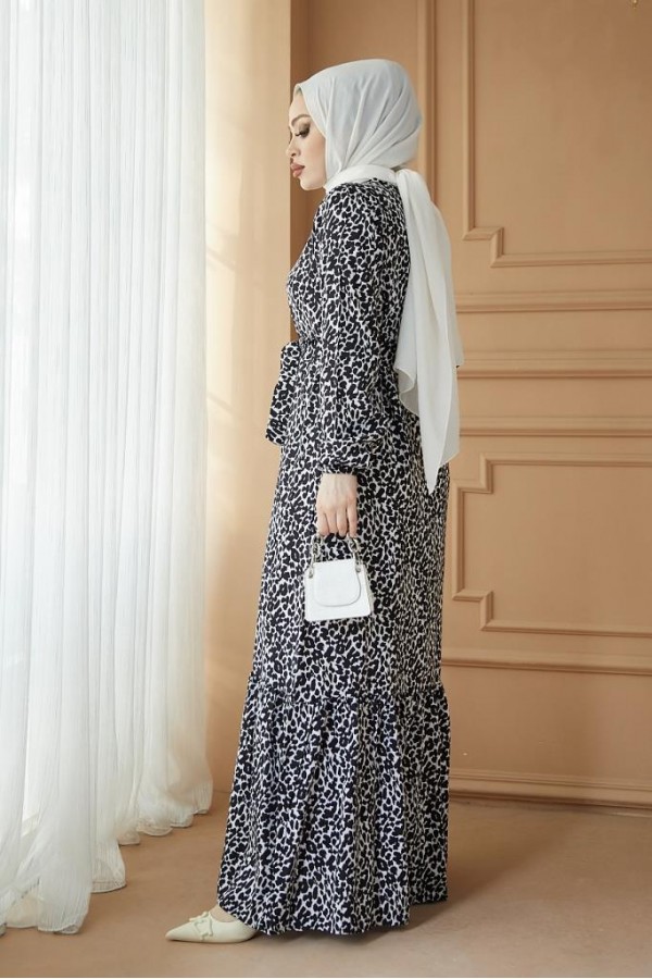  Desenli Tesettür Viskon Elbise Siyah 2392