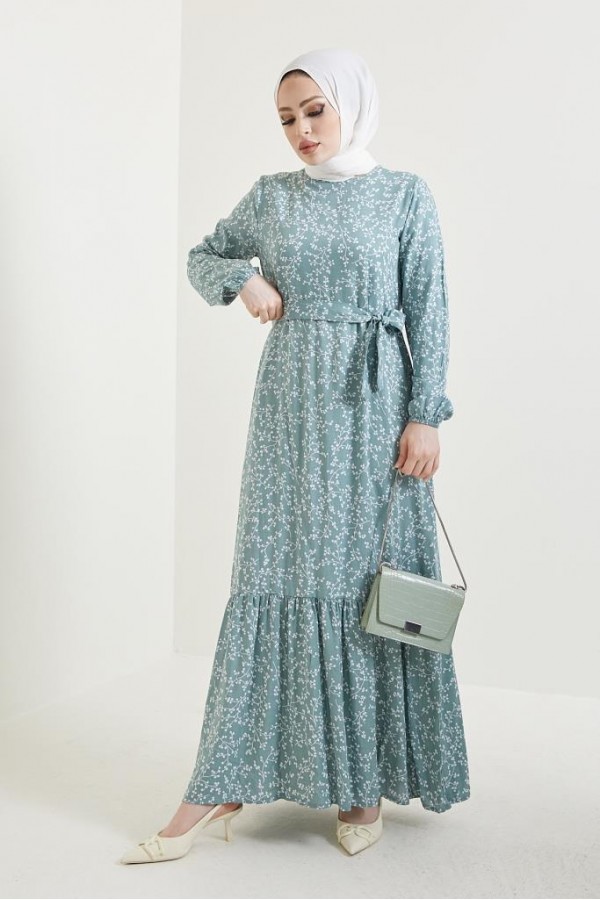  Desenli Tesettür Viskon Elbise Mint 2383