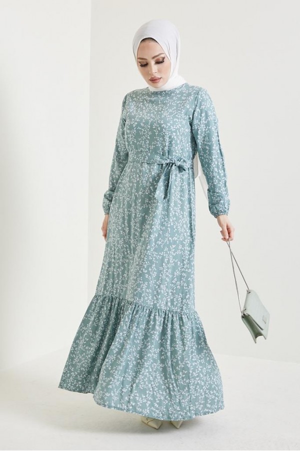  Desenli Tesettür Viskon Elbise Mint 2383