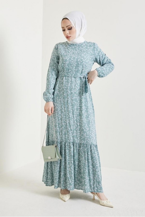  Desenli Tesettür Viskon Elbise Mint 2383