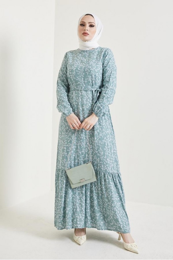  Desenli Tesettür Viskon Elbise Mint 2383