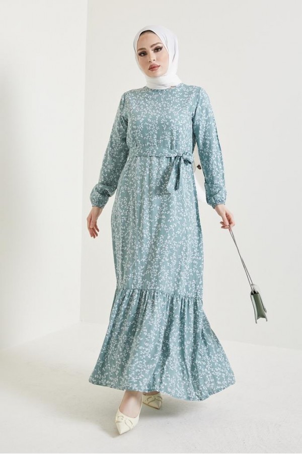  Desenli Tesettür Viskon Elbise Mint 2383