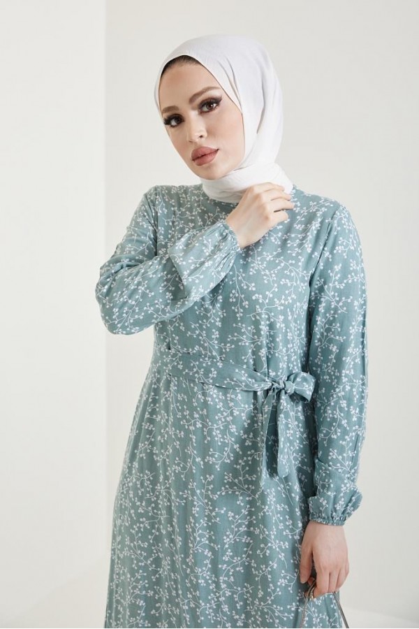  Desenli Tesettür Viskon Elbise Mint 2383