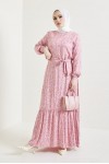  Desenli Tesettür Viskon Elbise Pembe 2383