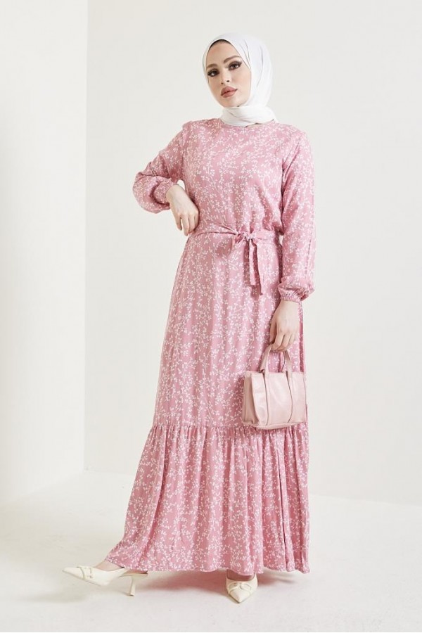  Desenli Tesettür Viskon Elbise Pembe 2383