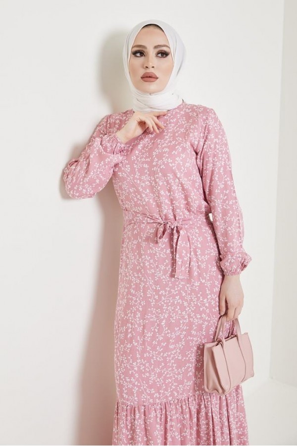  Desenli Tesettür Viskon Elbise Pembe 2383