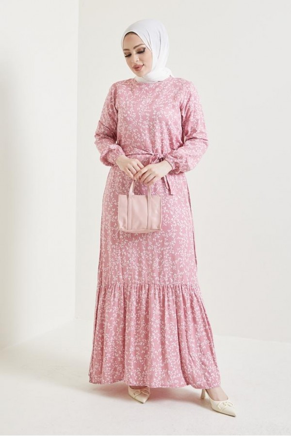 Desenli Tesettür Viskon Elbise Pembe 2383