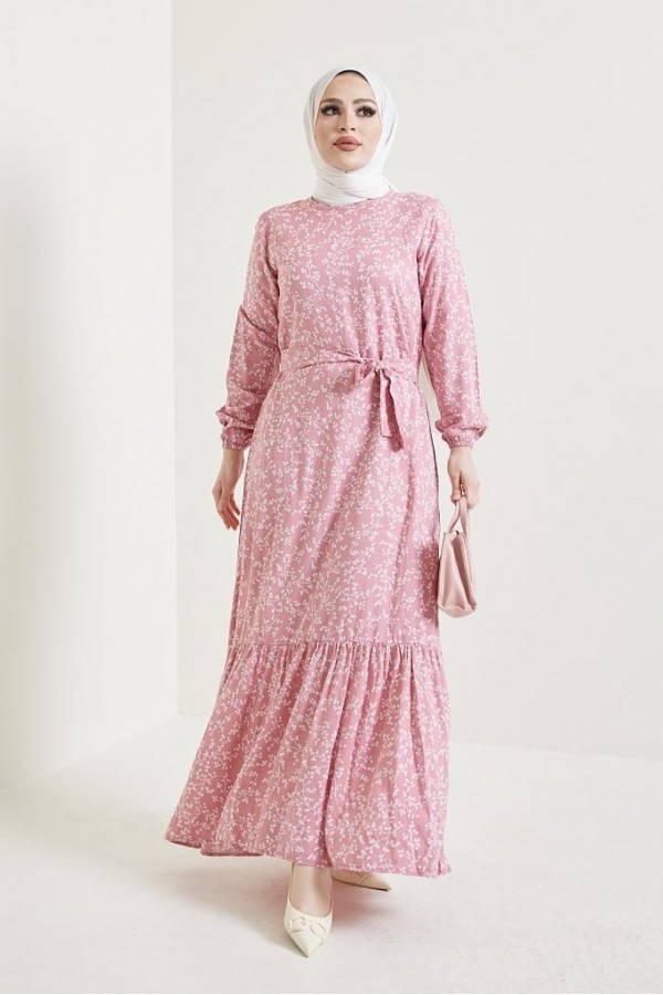  Desenli Tesettür Viskon Elbise Pembe 2383