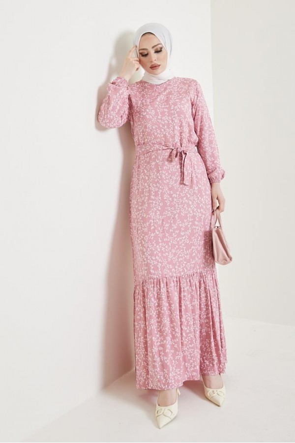  Desenli Tesettür Viskon Elbise Pembe 2383