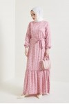  Desenli Tesettür Viskon Elbise Pembe 2383