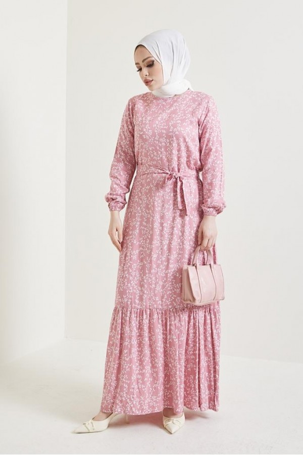  Desenli Tesettür Viskon Elbise Pembe 2383