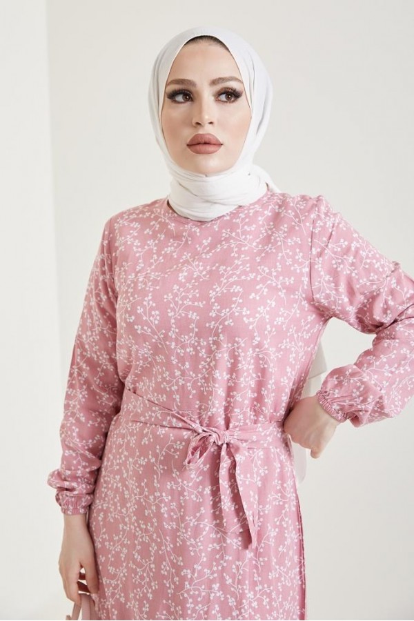  Desenli Tesettür Viskon Elbise Pembe 2383