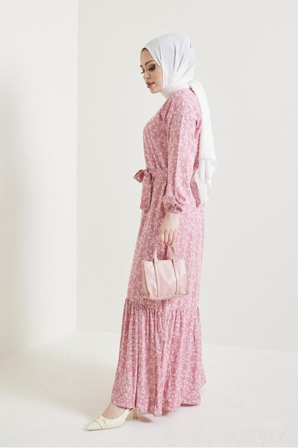  Desenli Tesettür Viskon Elbise Pembe 2383