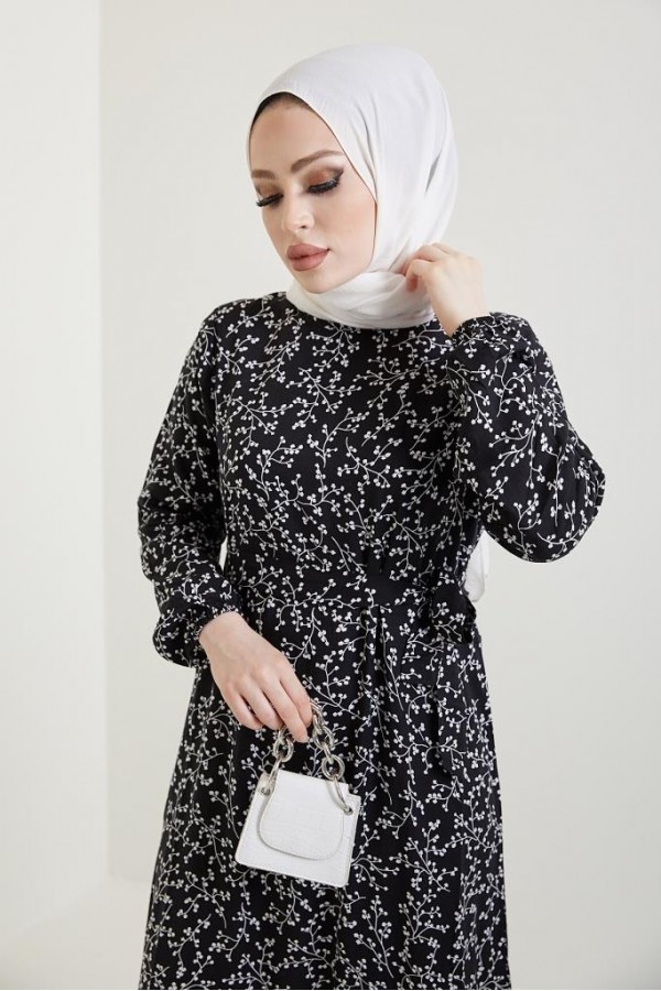 Desenli Tesettür Viskon Elbise Siyah 2383 Desenli Tesettür Viskon Elbise Siyah 2383