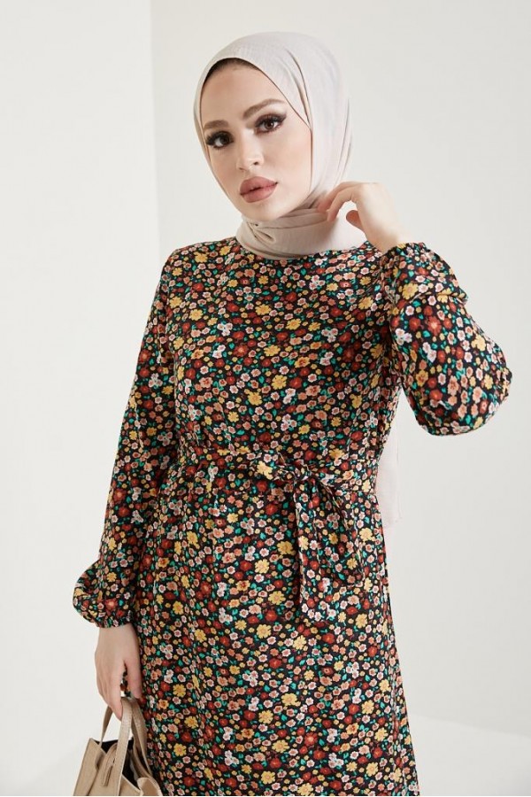   Çiçek Desen Tesettür Viskon Elbise Siyah 2385