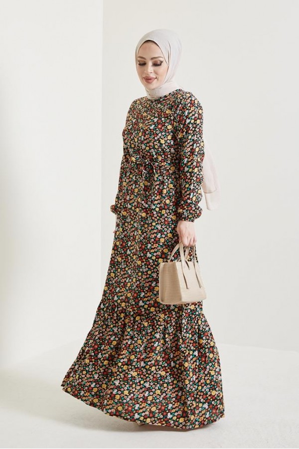   Çiçek Desen Tesettür Viskon Elbise Siyah 2385