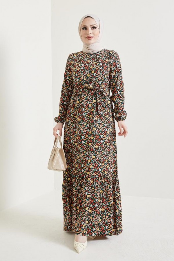   Çiçek Desen Tesettür Viskon Elbise Siyah 2385