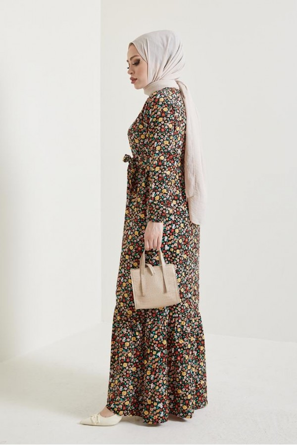   Çiçek Desen Tesettür Viskon Elbise Siyah 2385