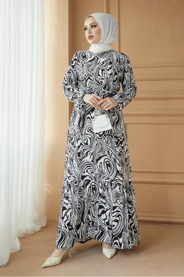  Desenli Tesettür Viskon Elbise Siyah 2390