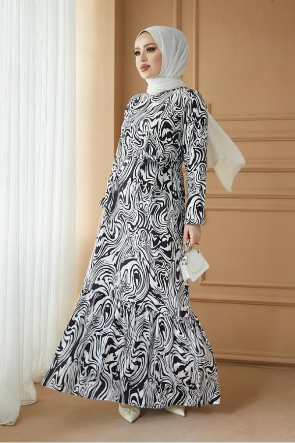  Desenli Tesettür Viskon Elbise Siyah 2390