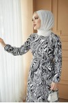  Desenli Tesettür Viskon Elbise Siyah 2390