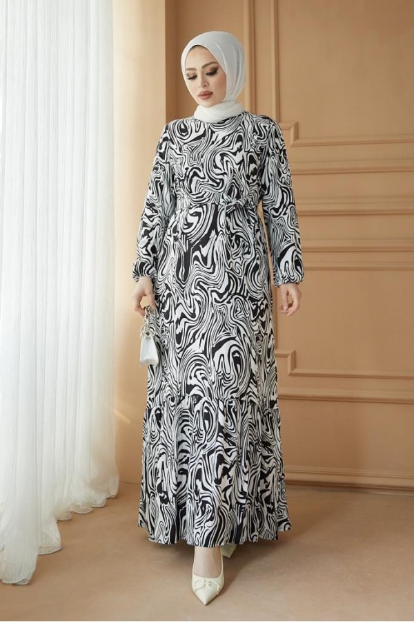  Desenli Tesettür Viskon Elbise Siyah 2390