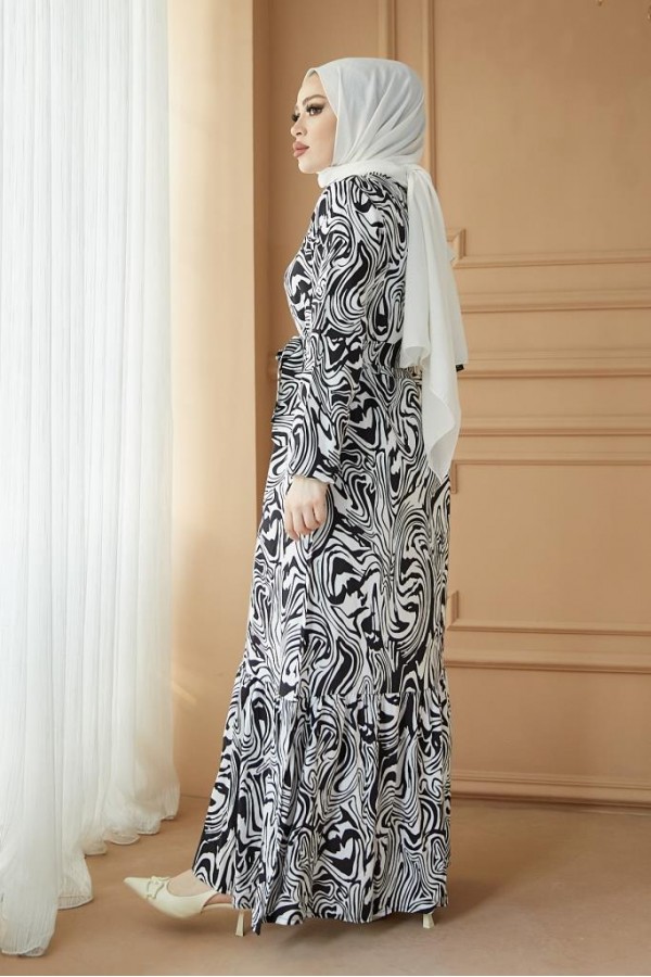 Desenli Tesettür Viskon Elbise Siyah 2390