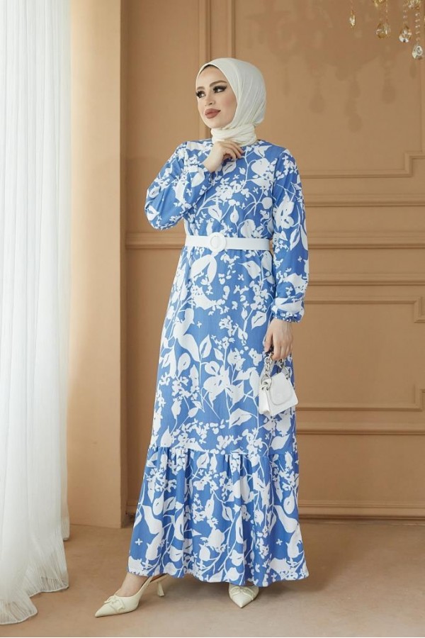 Desenli Tesettür Pegasus Elbise Mavi 2550