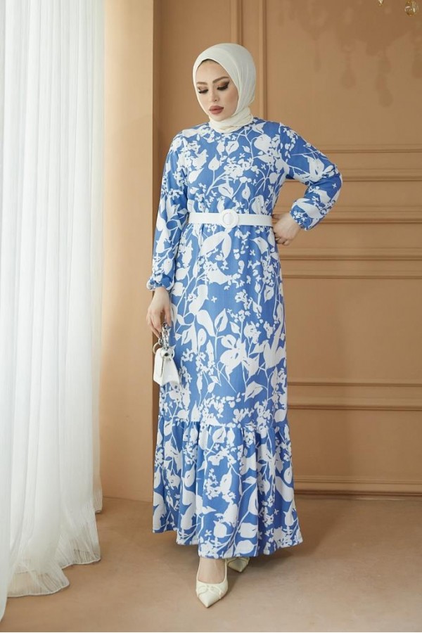  Desenli Tesettür Pegasus Elbise Mavi 2550
