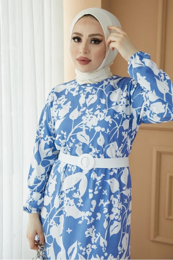  Desenli Tesettür Pegasus Elbise Mavi 2550
