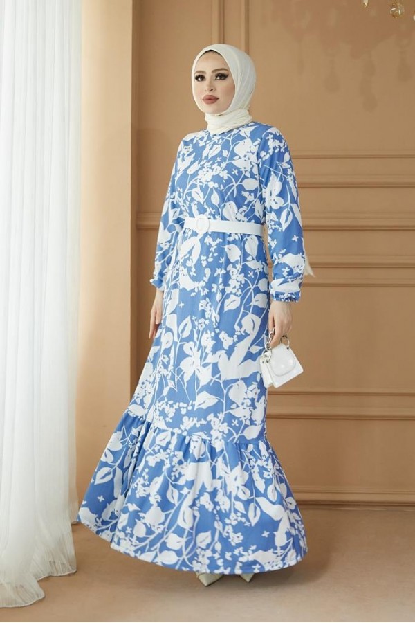  Desenli Tesettür Pegasus Elbise Mavi 2550