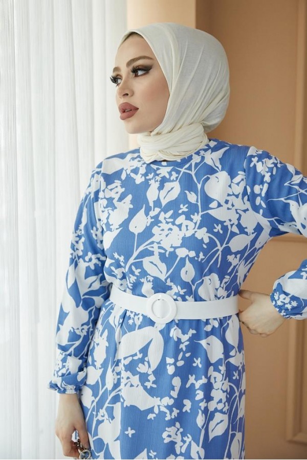  Desenli Tesettür Pegasus Elbise Mavi 2550