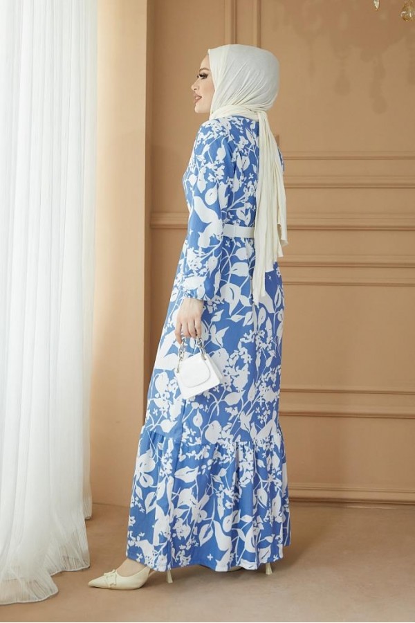  Desenli Tesettür Pegasus Elbise Mavi 2550