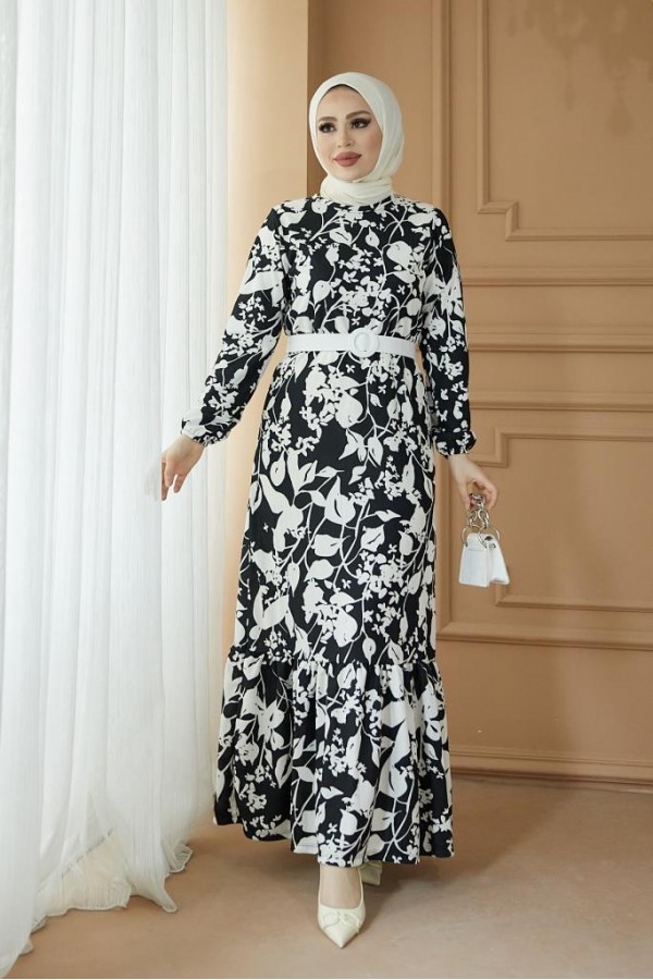  Desenli Tesettür Pegasus Elbise Siyah 2550