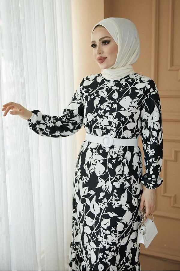  Desenli Tesettür Pegasus Elbise Siyah 2550