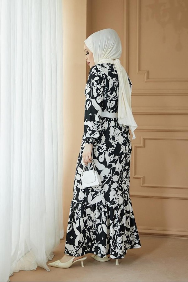  Desenli Tesettür Pegasus Elbise Siyah 2550
