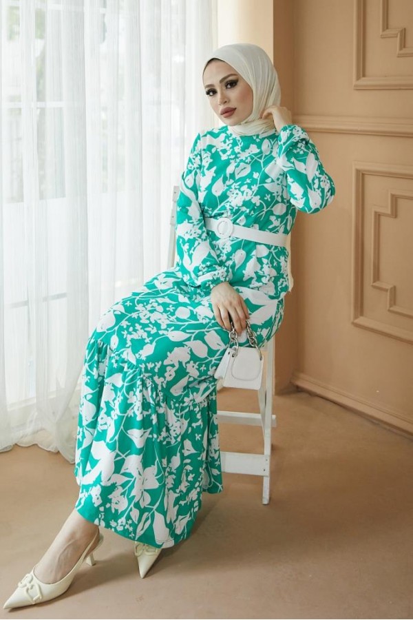  Desenli Tesettür Pegasus Elbise Yeşil 2550