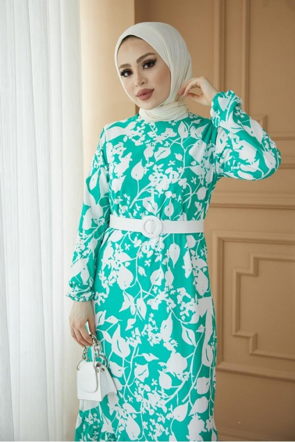  Desenli Tesettür Pegasus Elbise Yeşil 2550