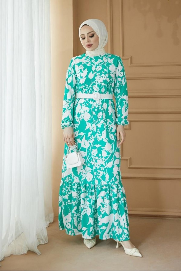  Desenli Tesettür Pegasus Elbise Yeşil 2550