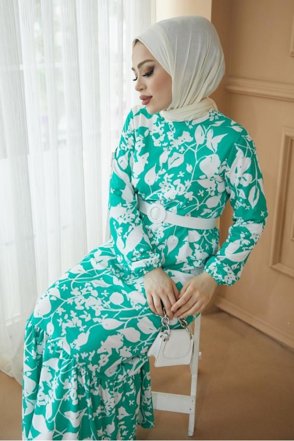  Desenli Tesettür Pegasus Elbise Yeşil 2550