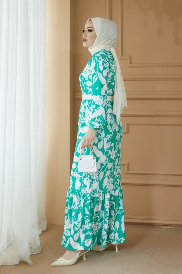  Desenli Tesettür Pegasus Elbise Yeşil 2550