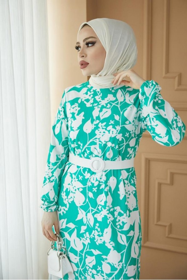  Desenli Tesettür Pegasus Elbise Yeşil 2550