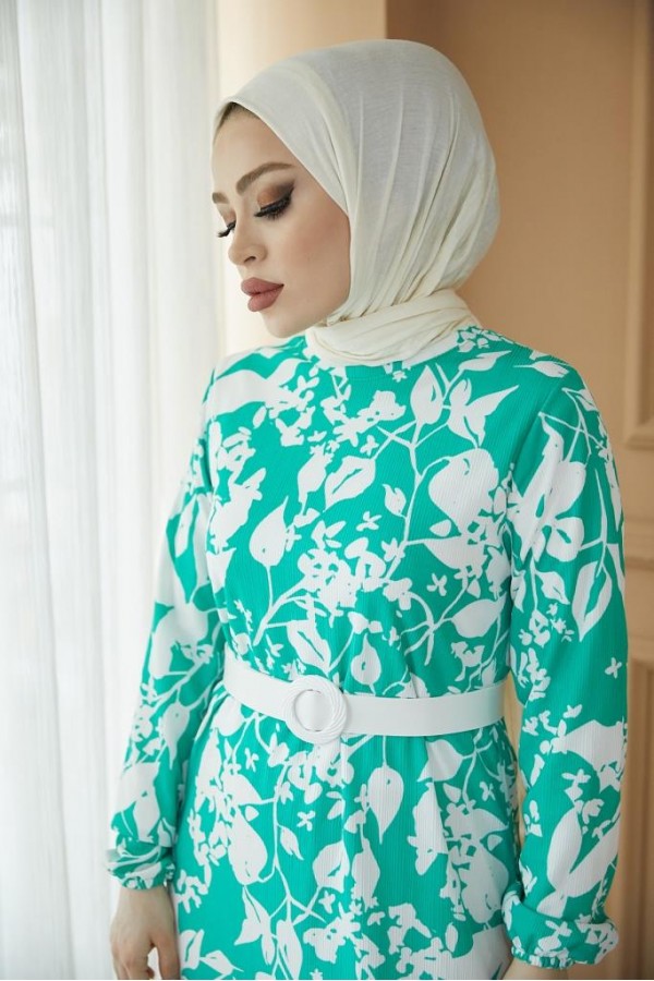  Desenli Tesettür Pegasus Elbise Yeşil 2550
