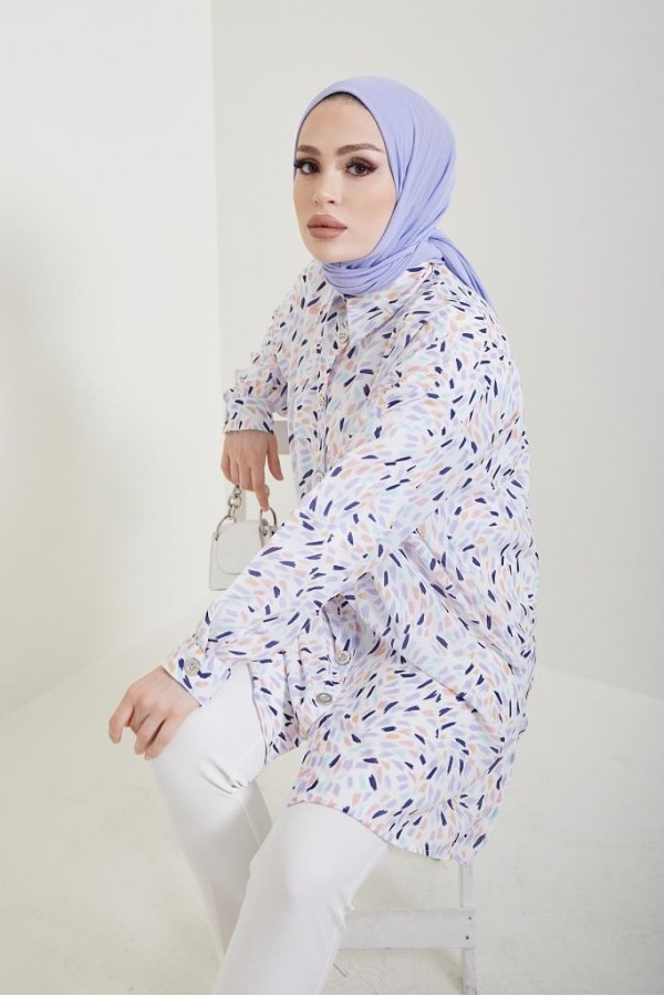  Desenli Tesettür Gömlek Lila 8880
