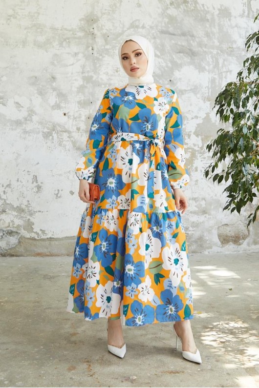  Çiçek Desenli Tesettür Elbise İndigo 429