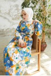 Çiçek Desenli Tesettür Elbise İndigo 429 Çiçek Desenli Tesettür Elbise İndigo 429