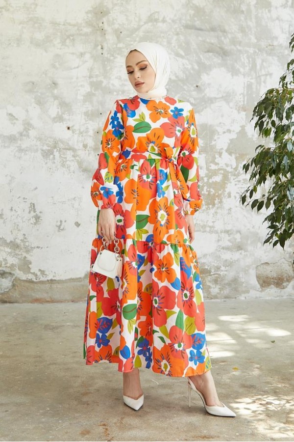  Çiçek Desenli Tesettür Elbise Oranj 429