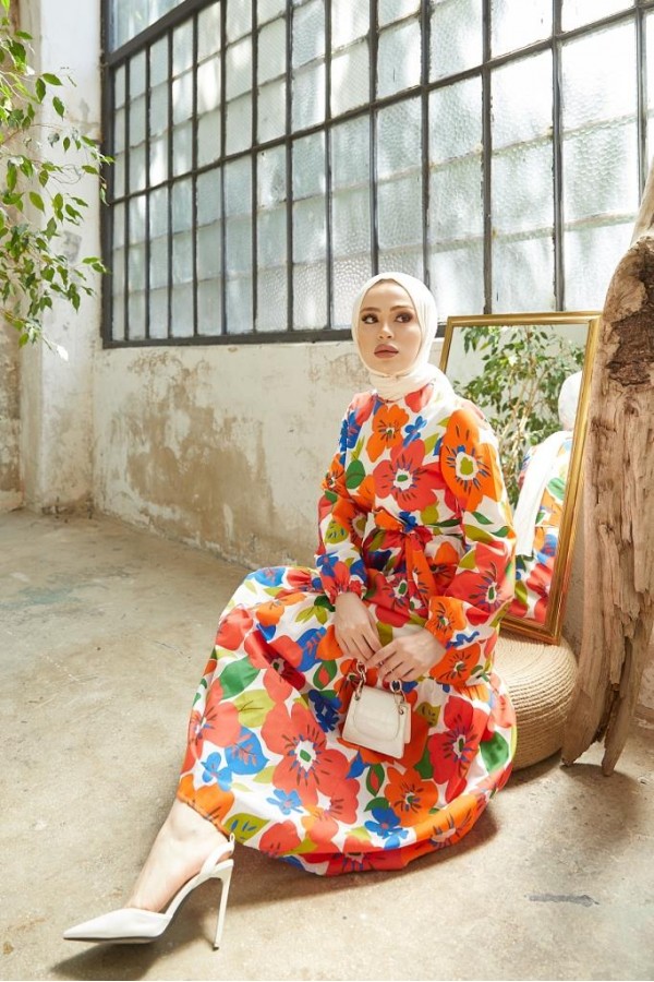 Çiçek Desenli Tesettür Elbise Oranj 429