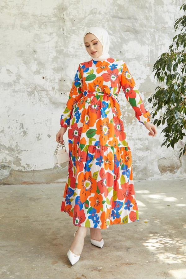  Çiçek Desenli Tesettür Elbise Oranj 429